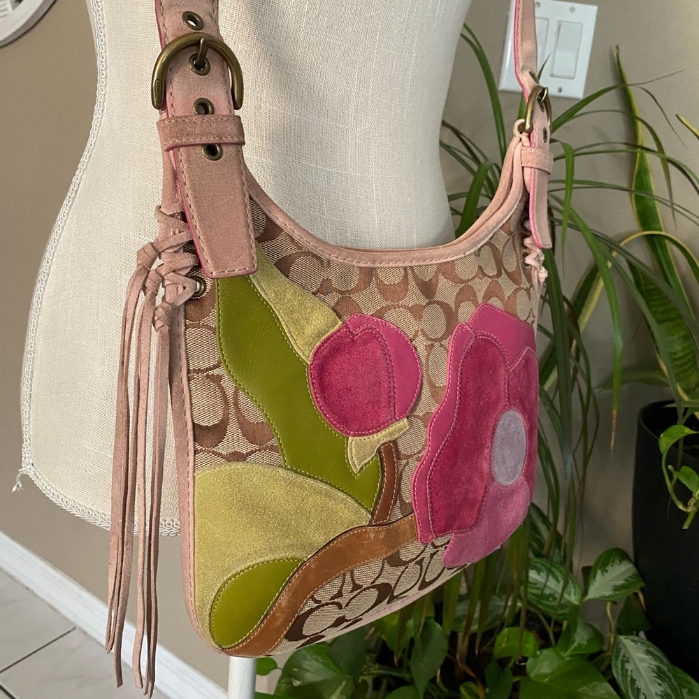 RARE Coach Archive Poppy for Peace Hippie Suede Bag Signature Pink Applique